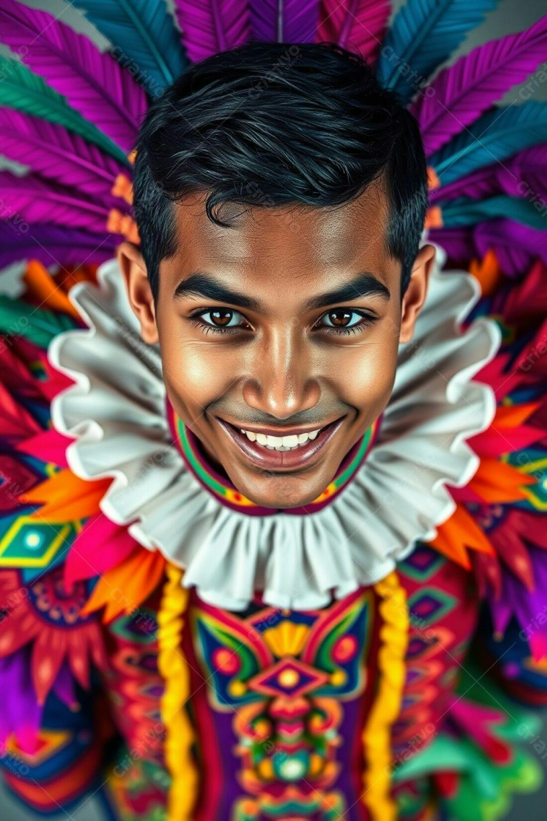Homem sorridente com fantasia colorida