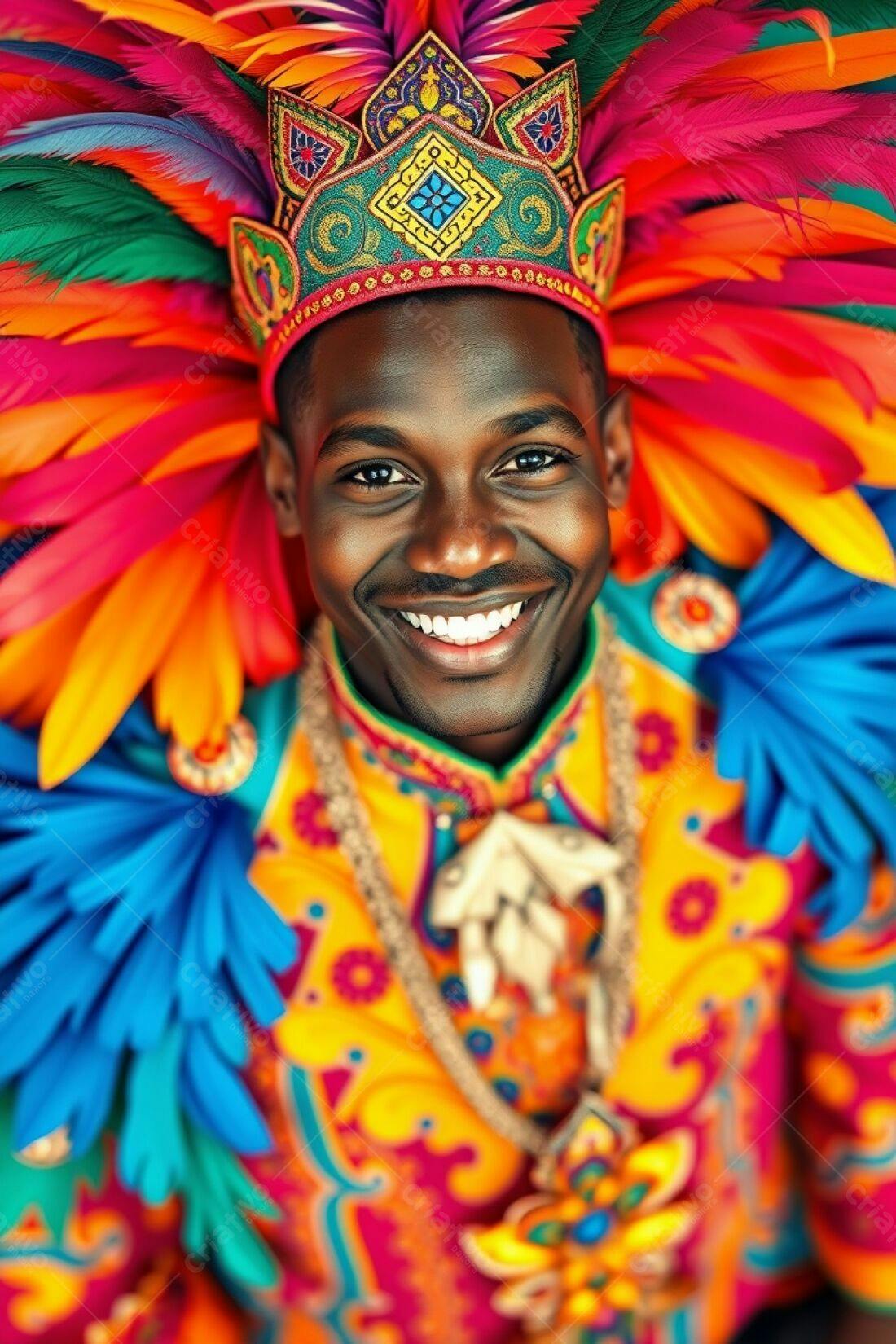 Homem sorridente com traje de penas vibrantes