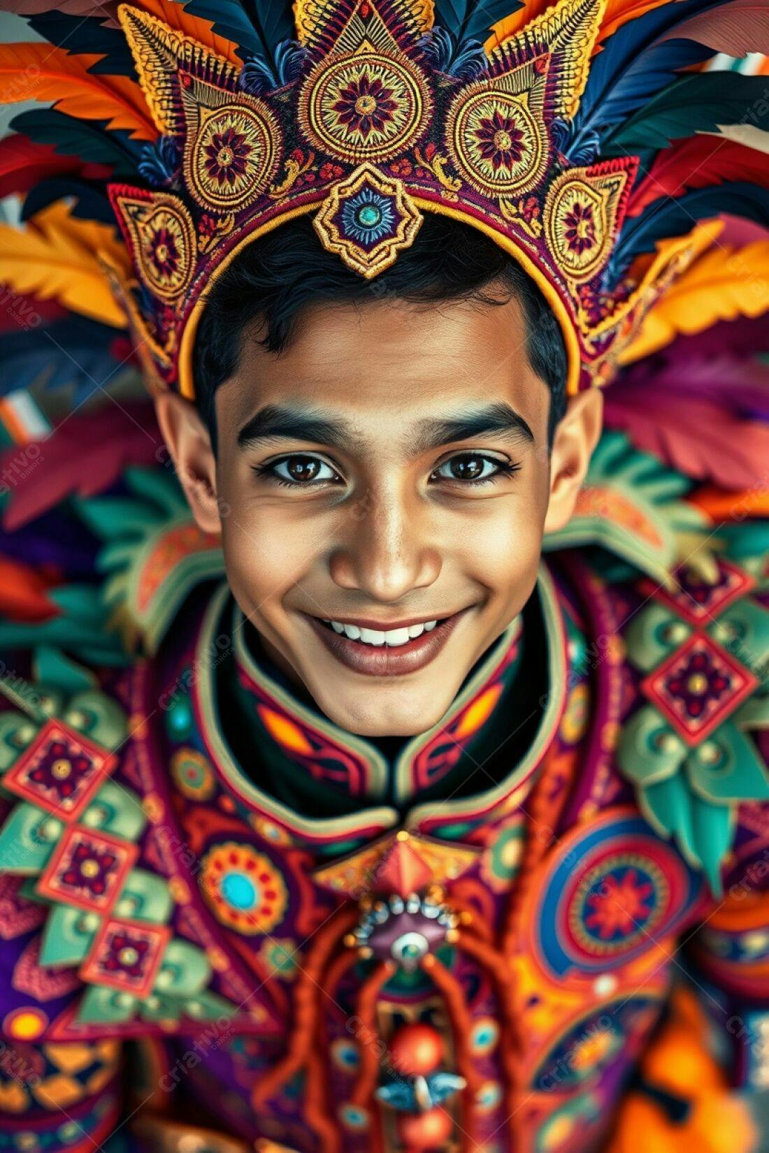 Menino sorridente com traje colorido e adornado