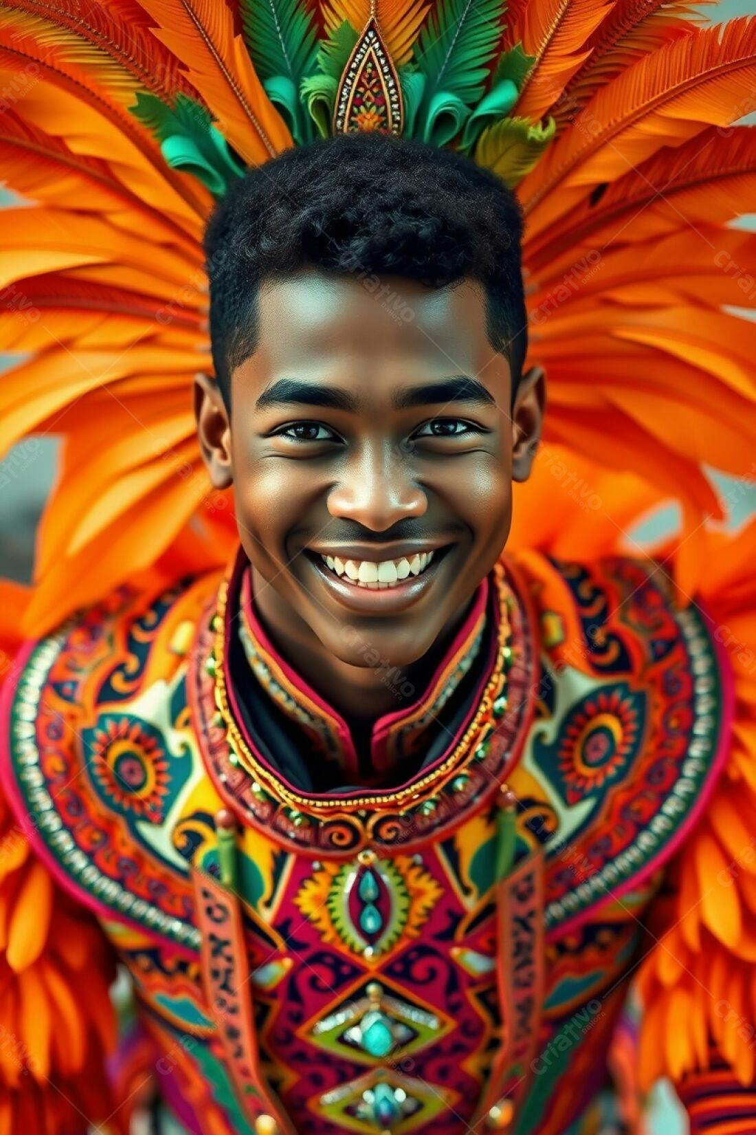 Homem negro sorridente com fantasia vibrante