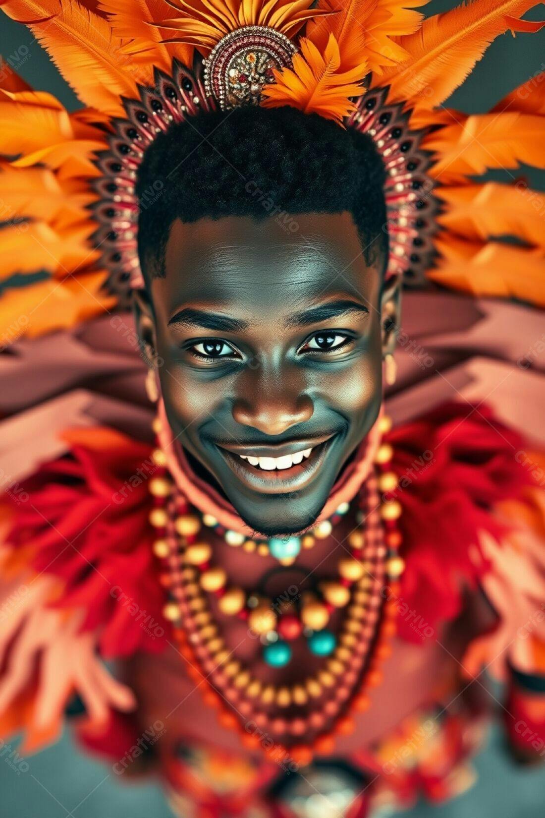 Homem negro sorridente com adereço de penas laranja