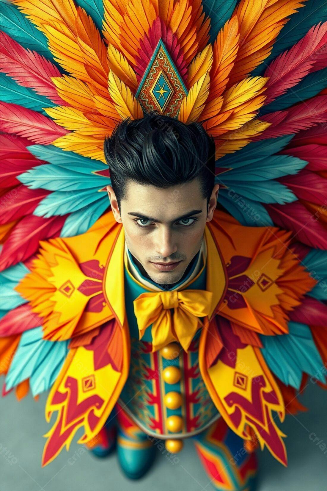 Modelo com fantasia de penas vibrantes