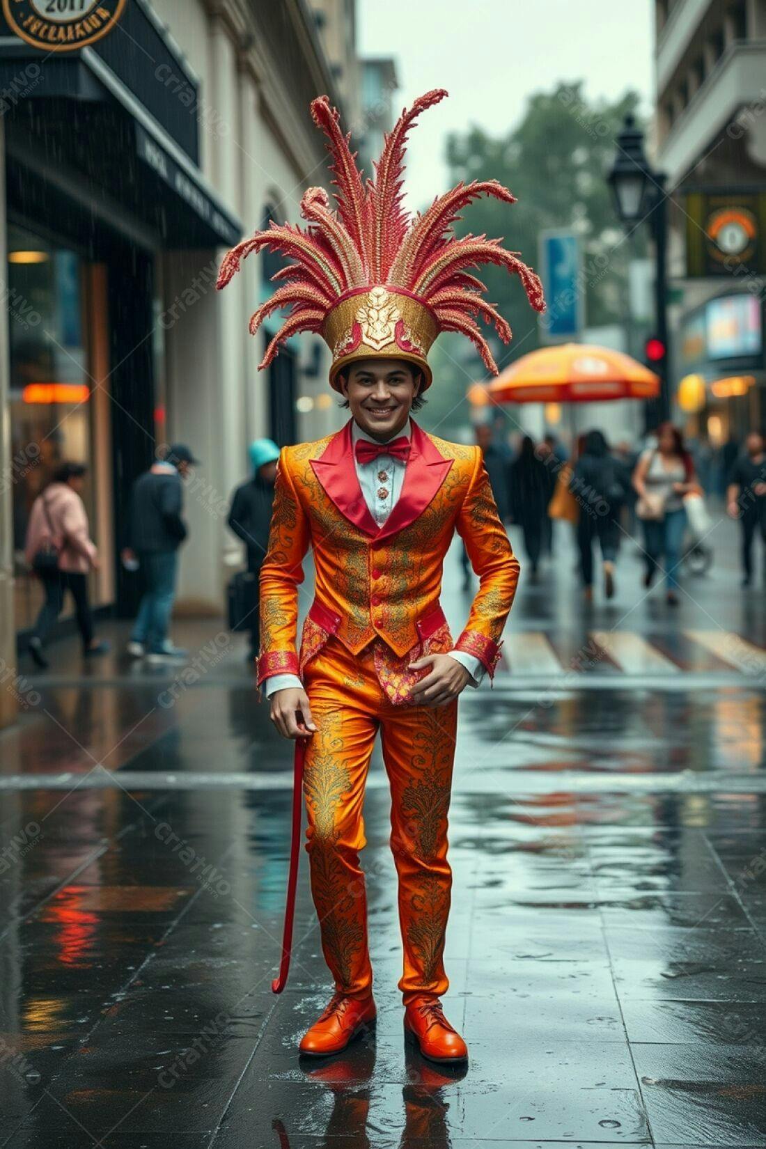 Homem em terno laranja e chapéu extravagante na chuva