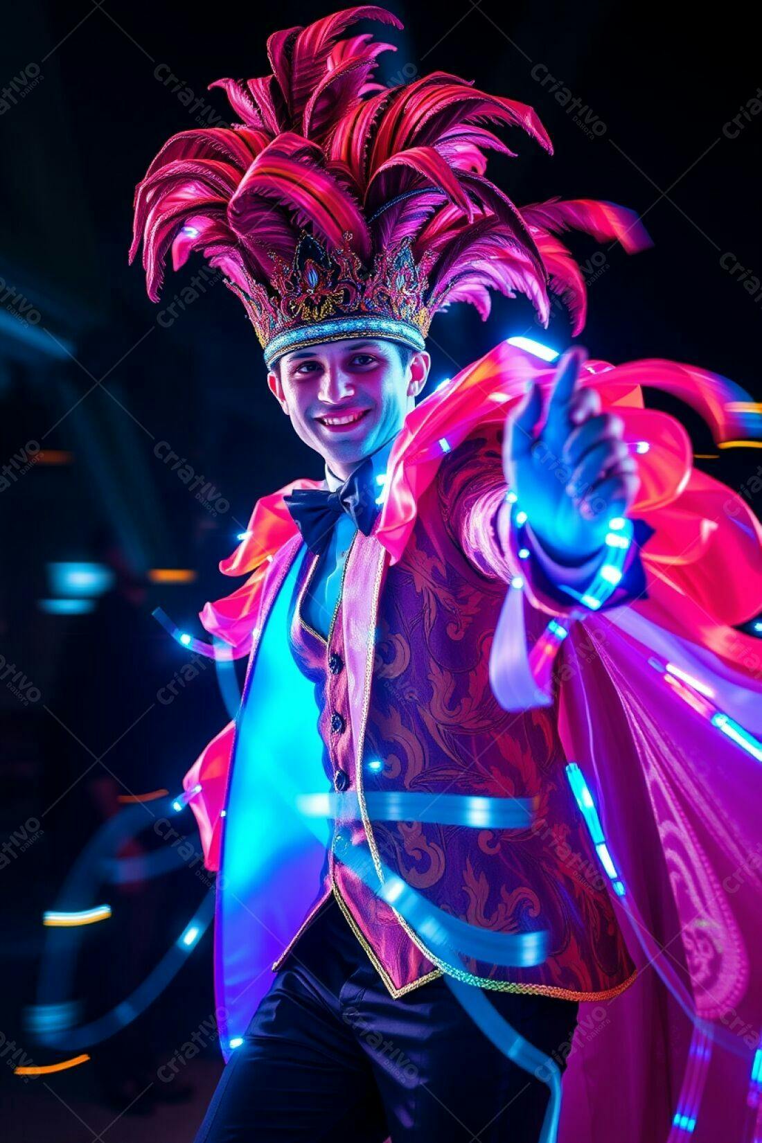 Artista com roupa neon e plumas em show noturno