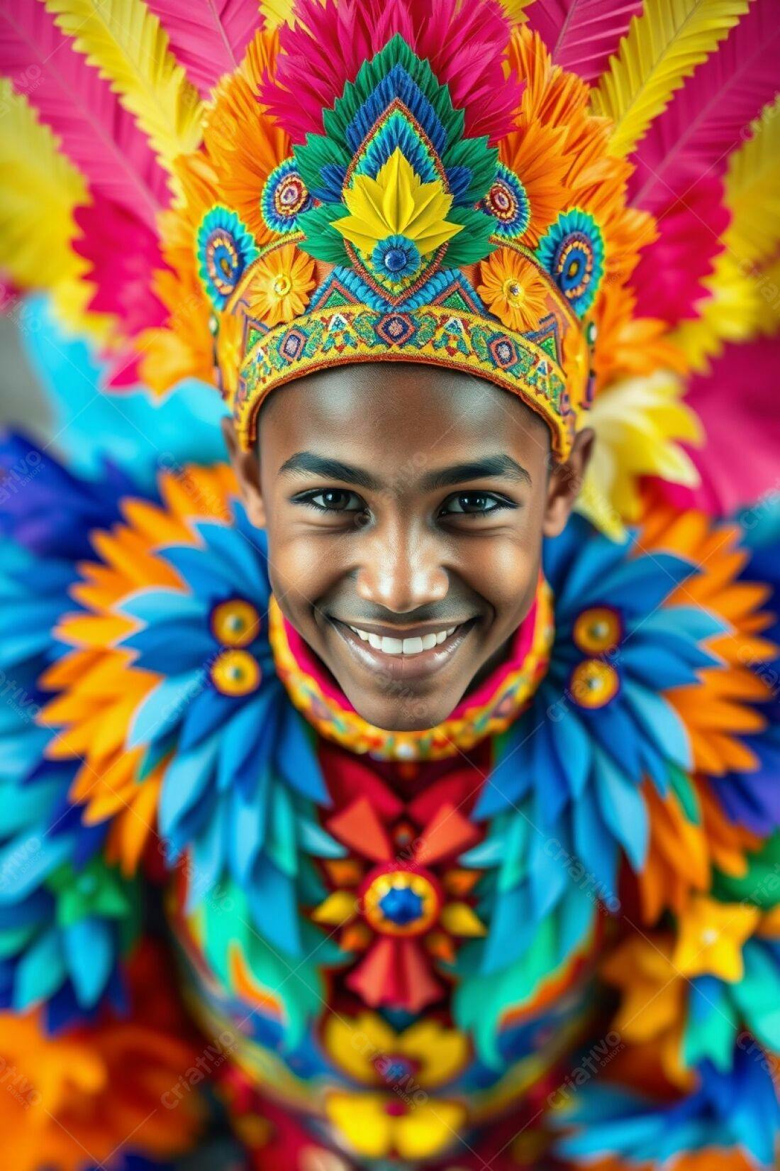Menino sorridente com fantasia vibrante de carnaval