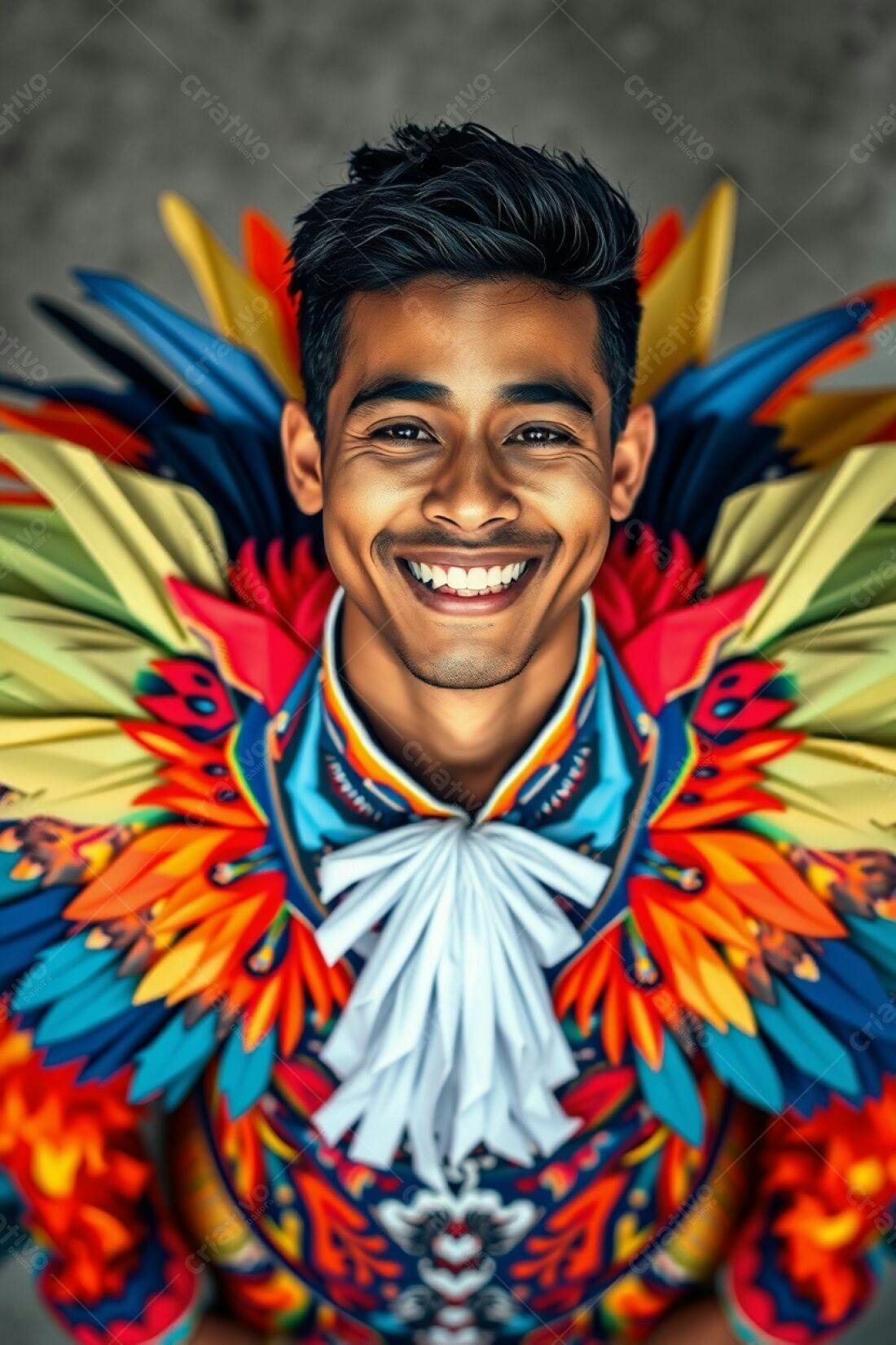 Homem sorridente com traje vibrante