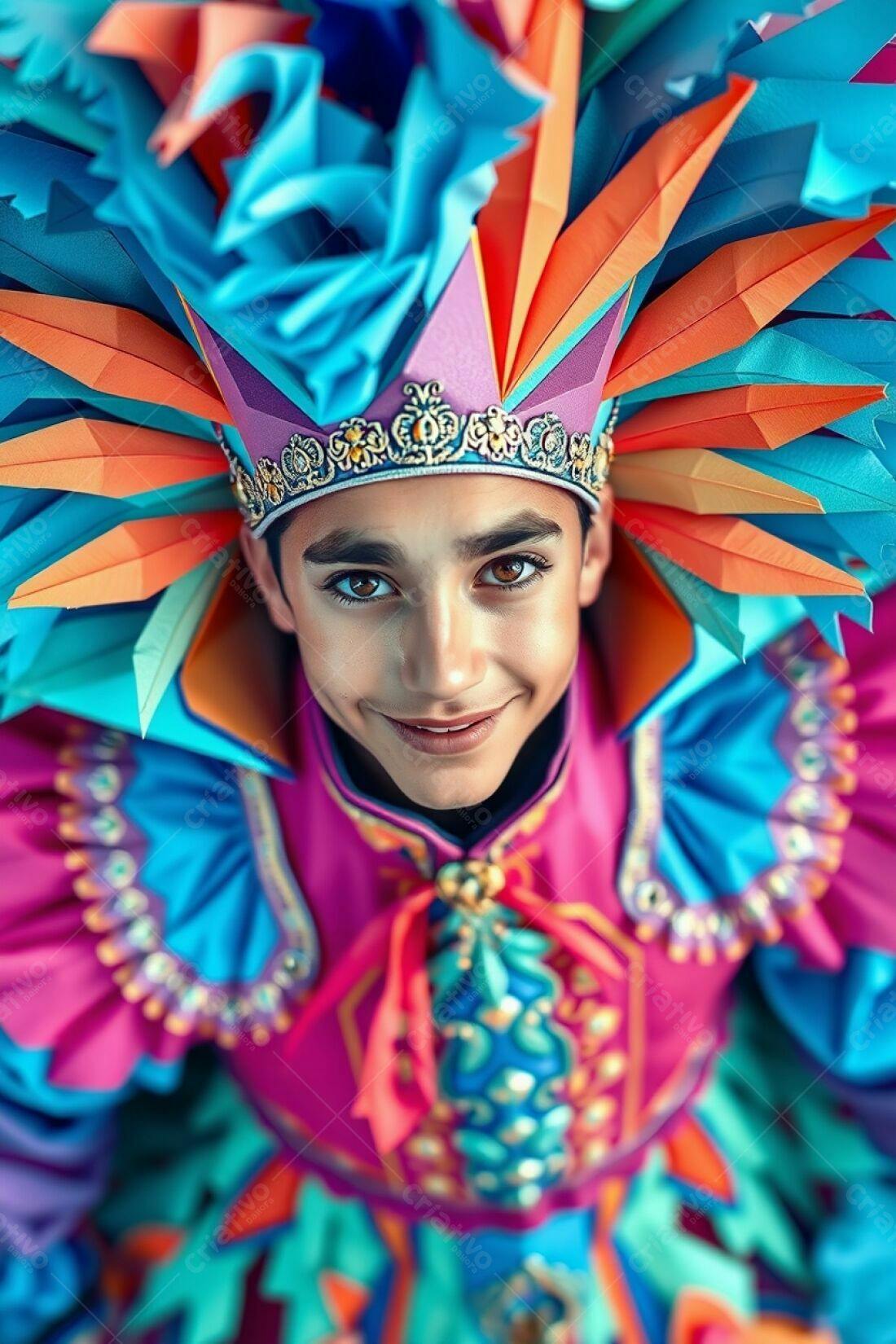 Menino sorrindo com fantasia vibrante