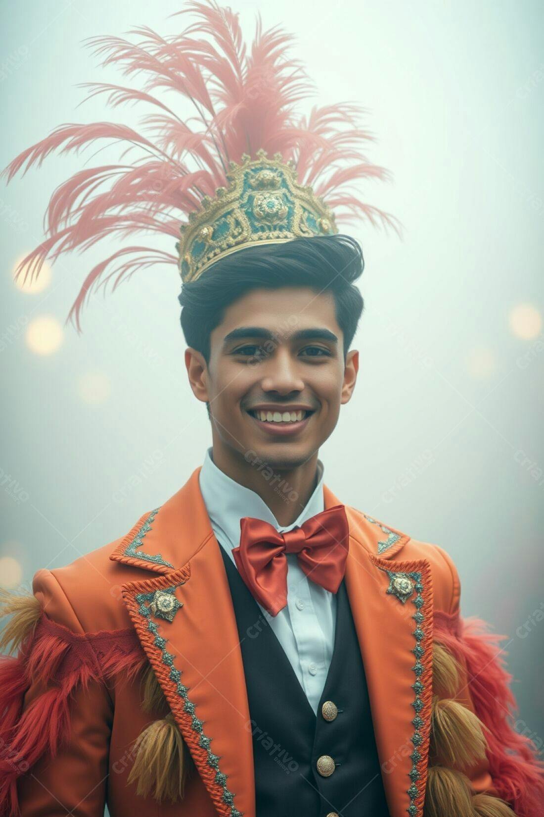 Homem sorridente com coroa e traje laranja