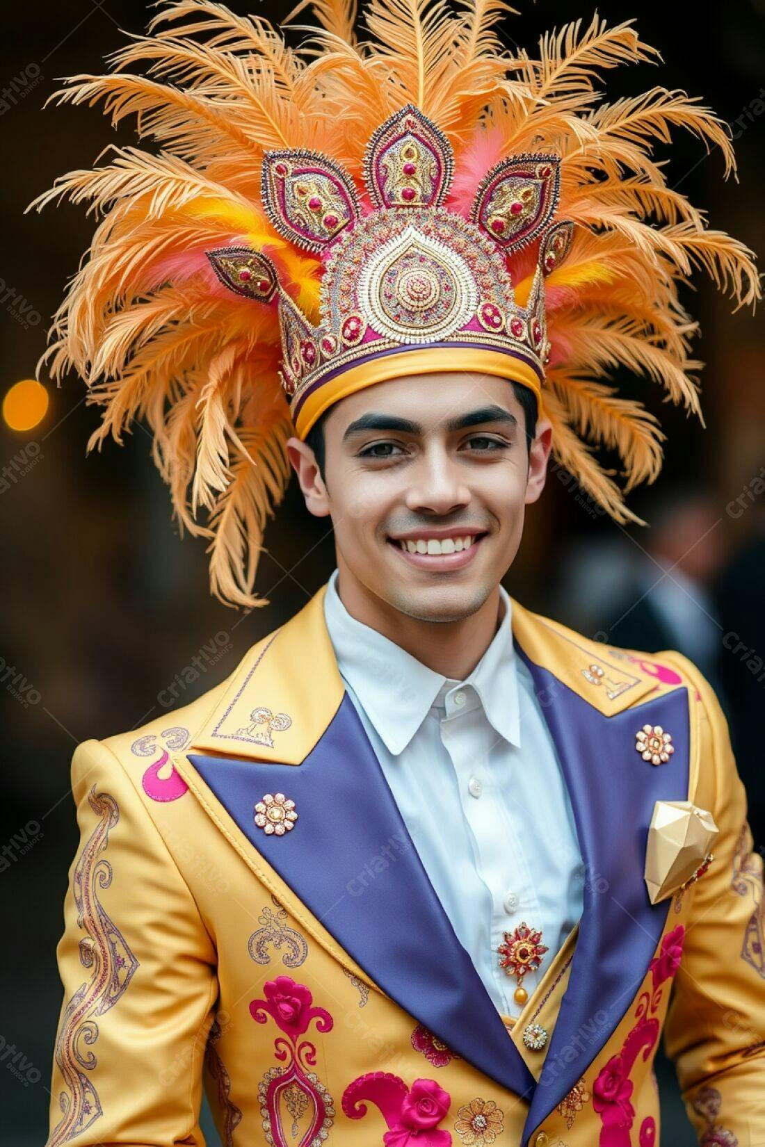 Homem sorridente com traje e coroa de penas