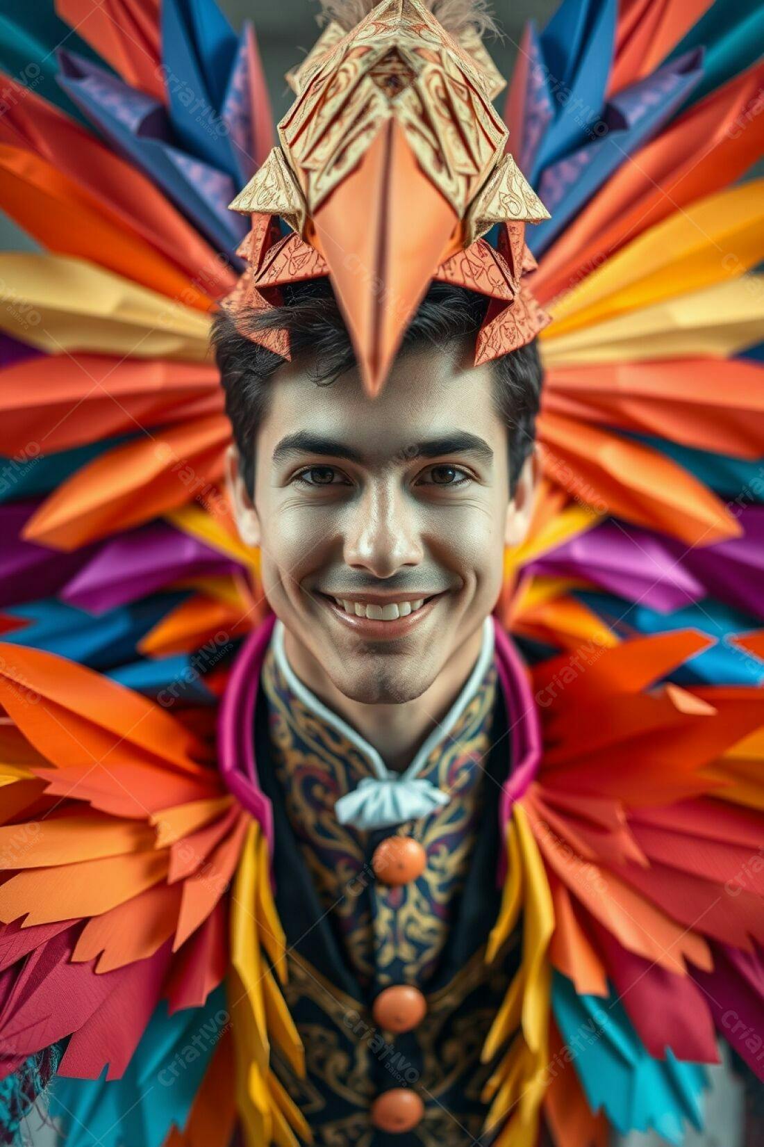 Homem sorridente com máscara de origami colorida