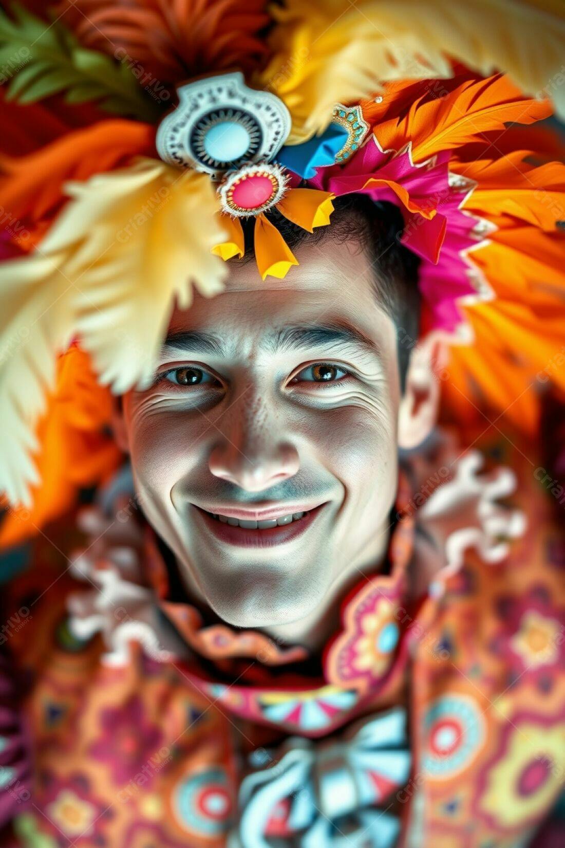 Homem sorrindo com fantasia colorida de penas