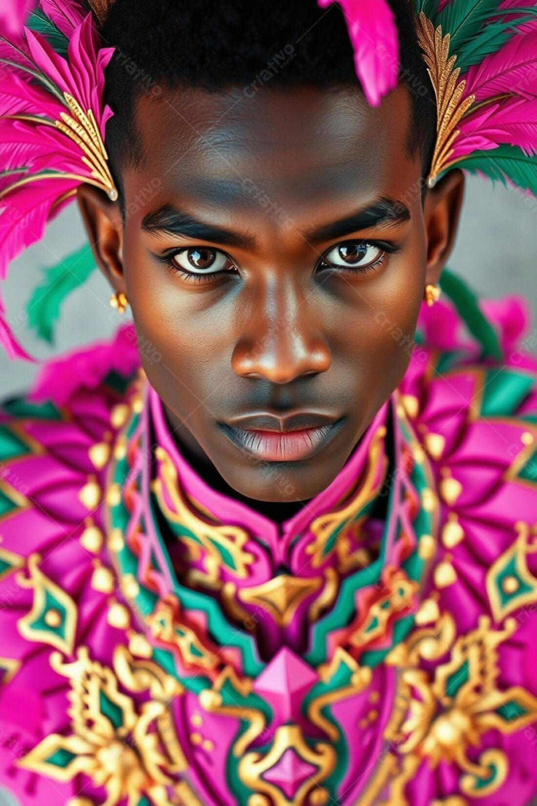 Homem negro com adorno de penas rosa e verde