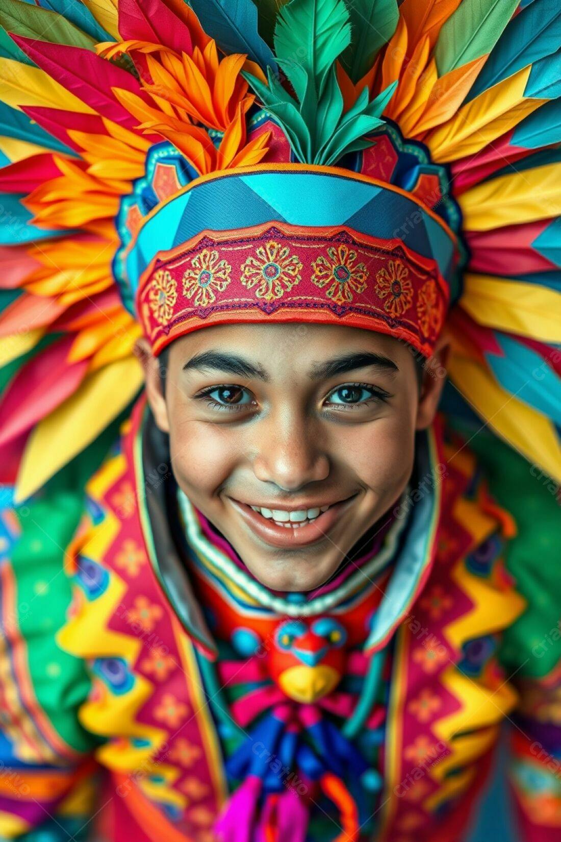 Menino sorridente com traje colorido de penas