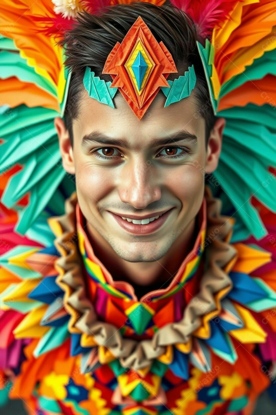 Homem sorridente com traje colorido de origami