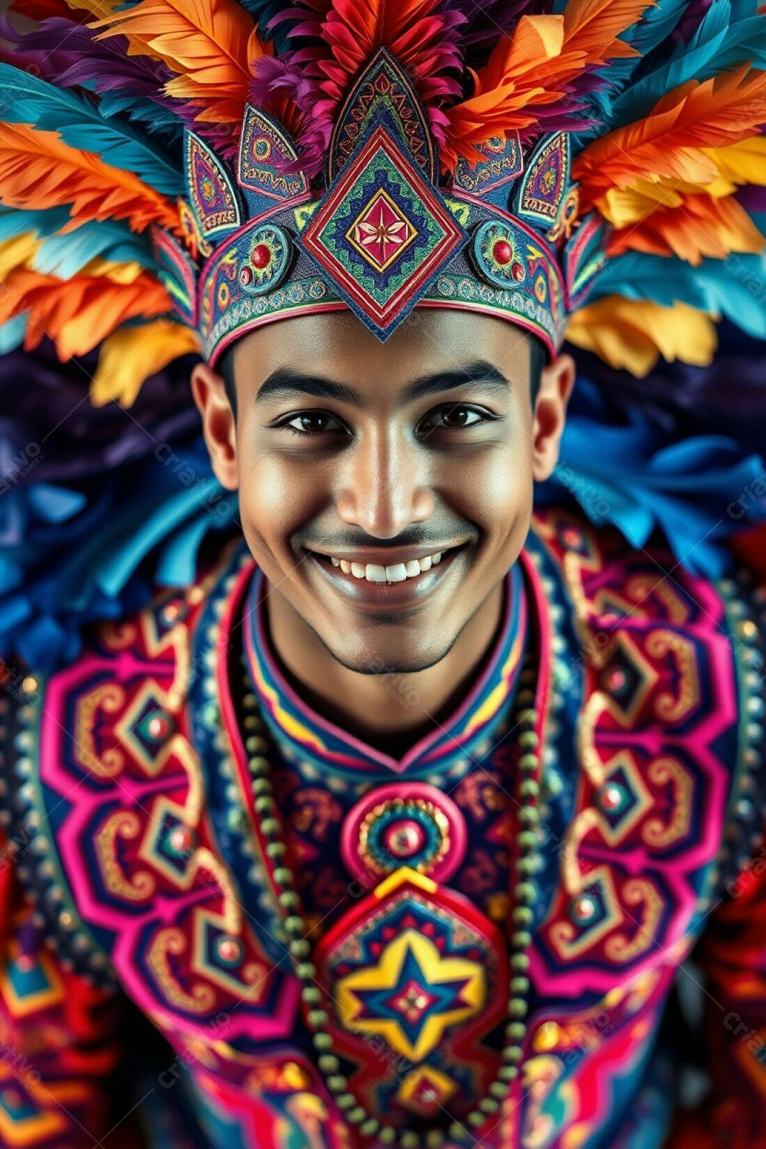 Homem sorrindo com traje colorido e penas