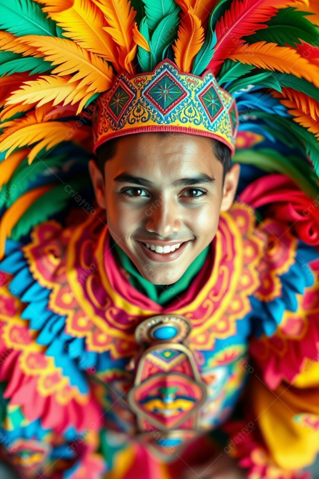 Menino sorridente com traje colorido de penas