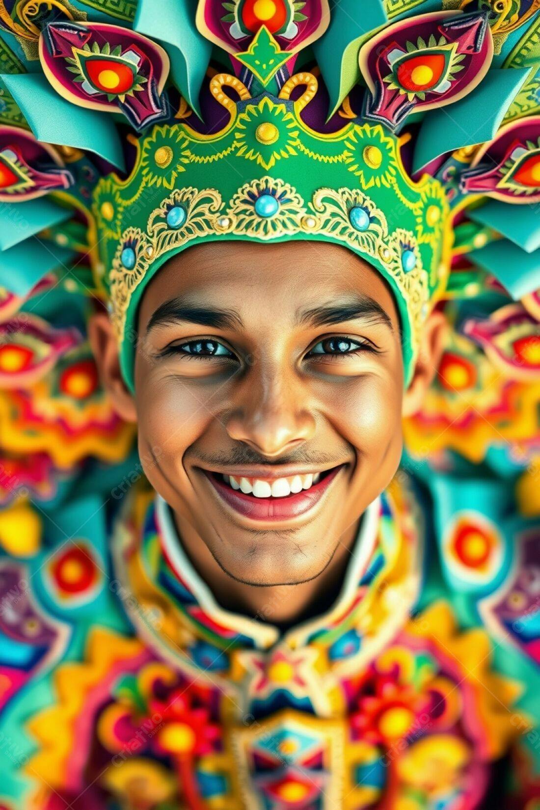 Homem sorridente com traje colorido de carnaval