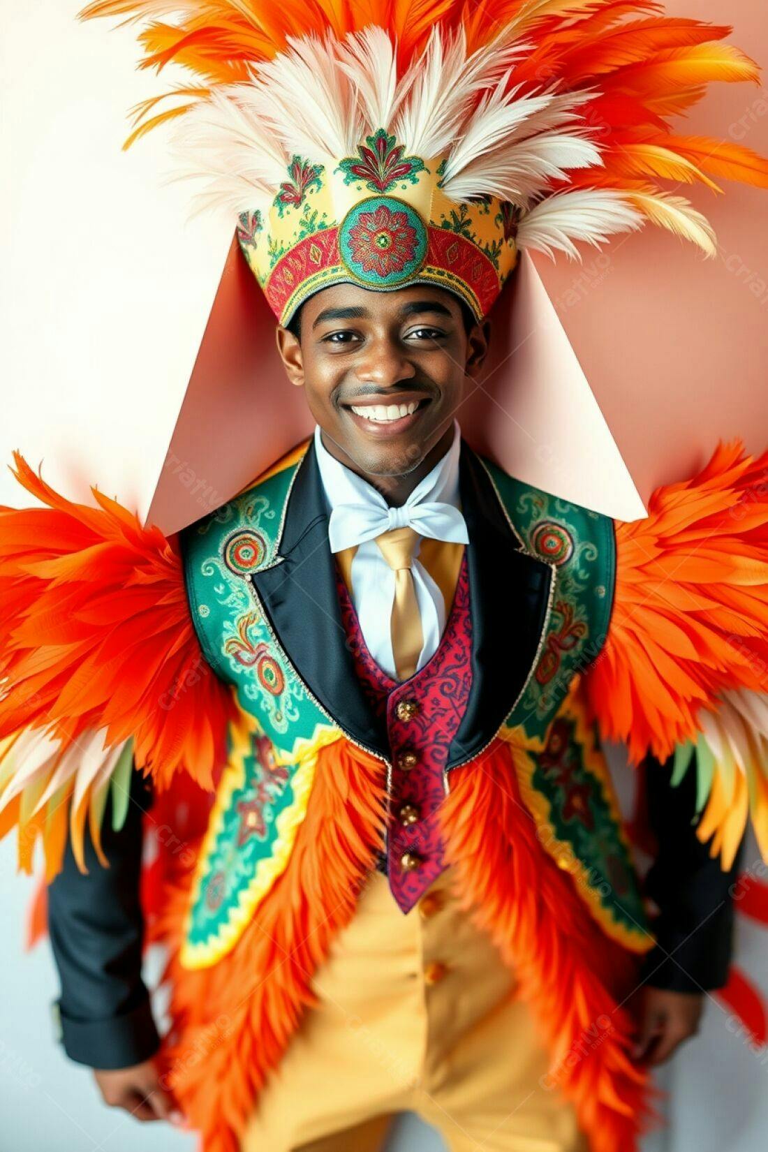 Homem sorridente com traje de penas laranja e verde