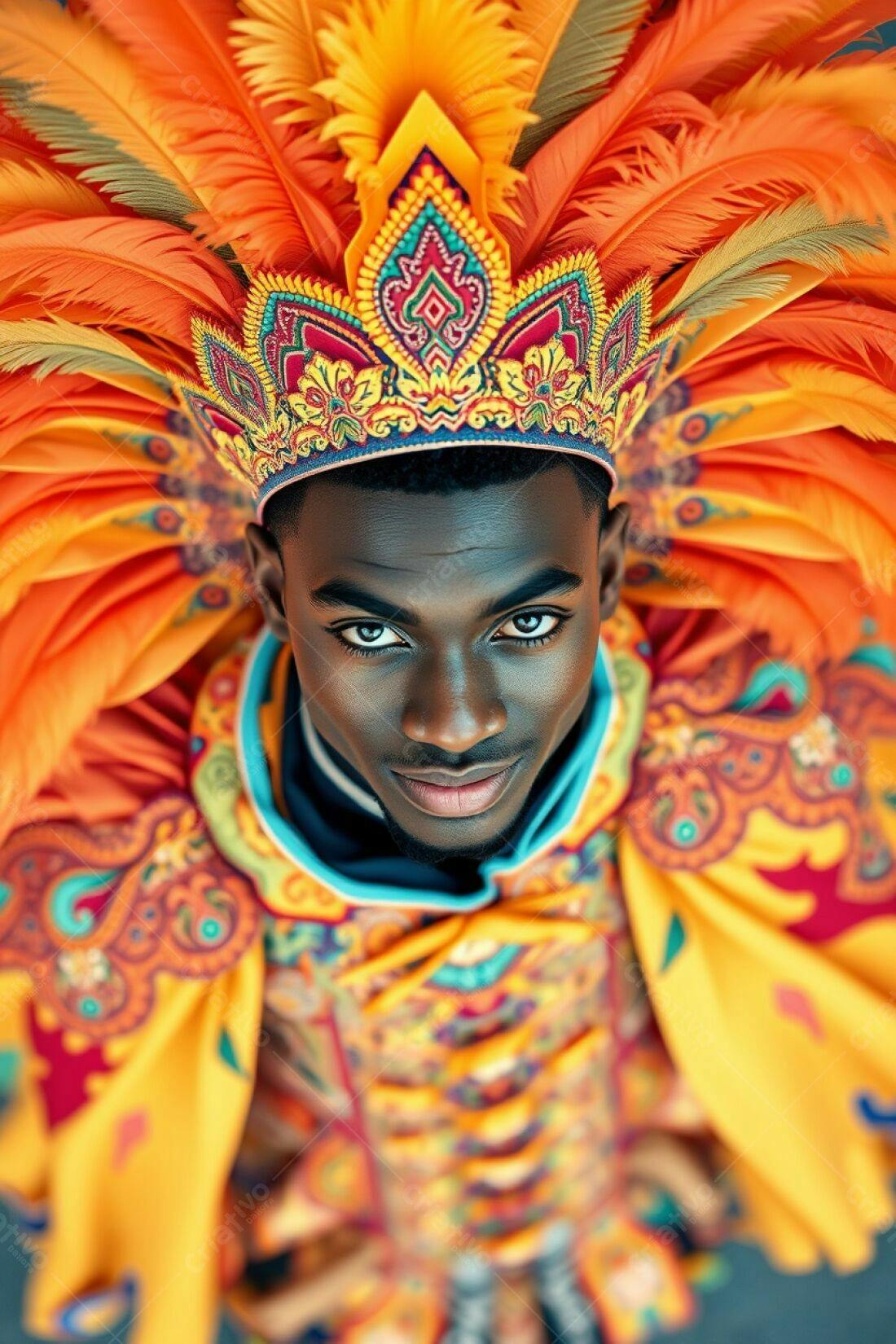 Homem negro com fantasia vibrante de penas
