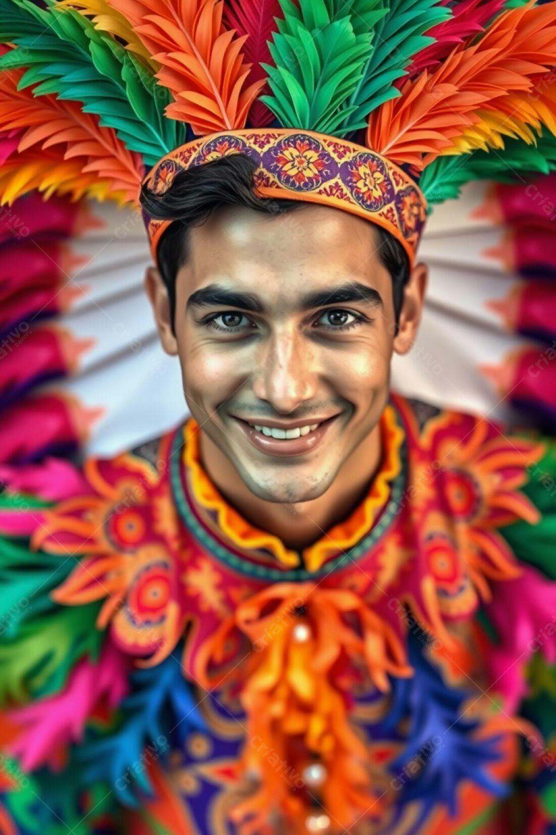 Homem sorrindo com fantasia colorida