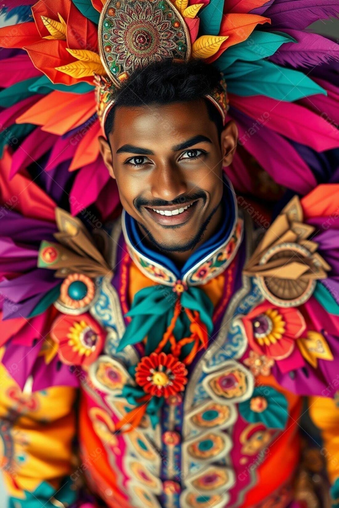 Homem sorridente com fantasia vibrante de carnaval