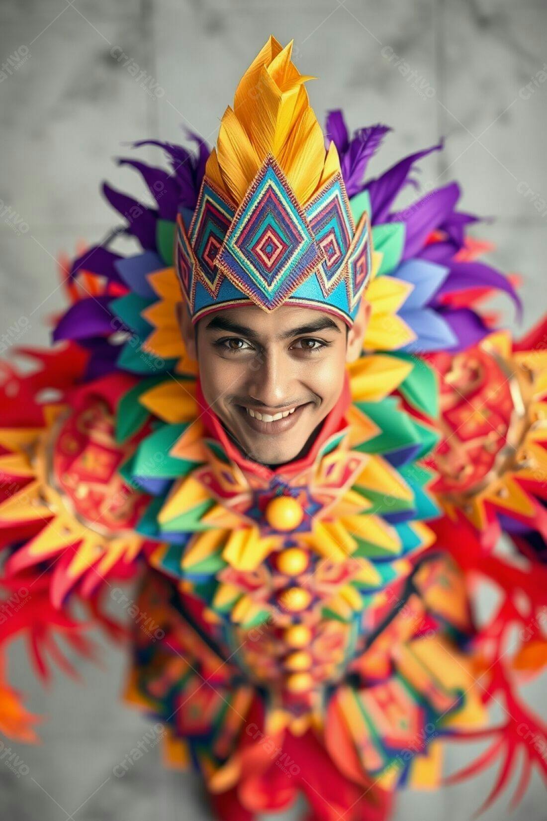 Homem sorrindo com fantasia colorida