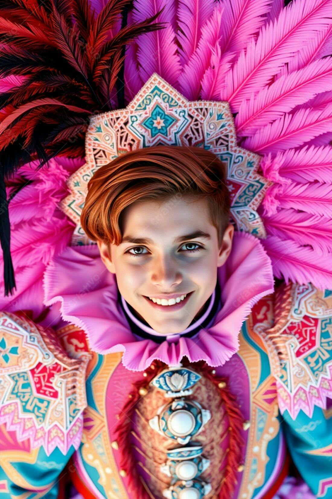 Menino sorridente com fantasia de carnaval rosa e penas
