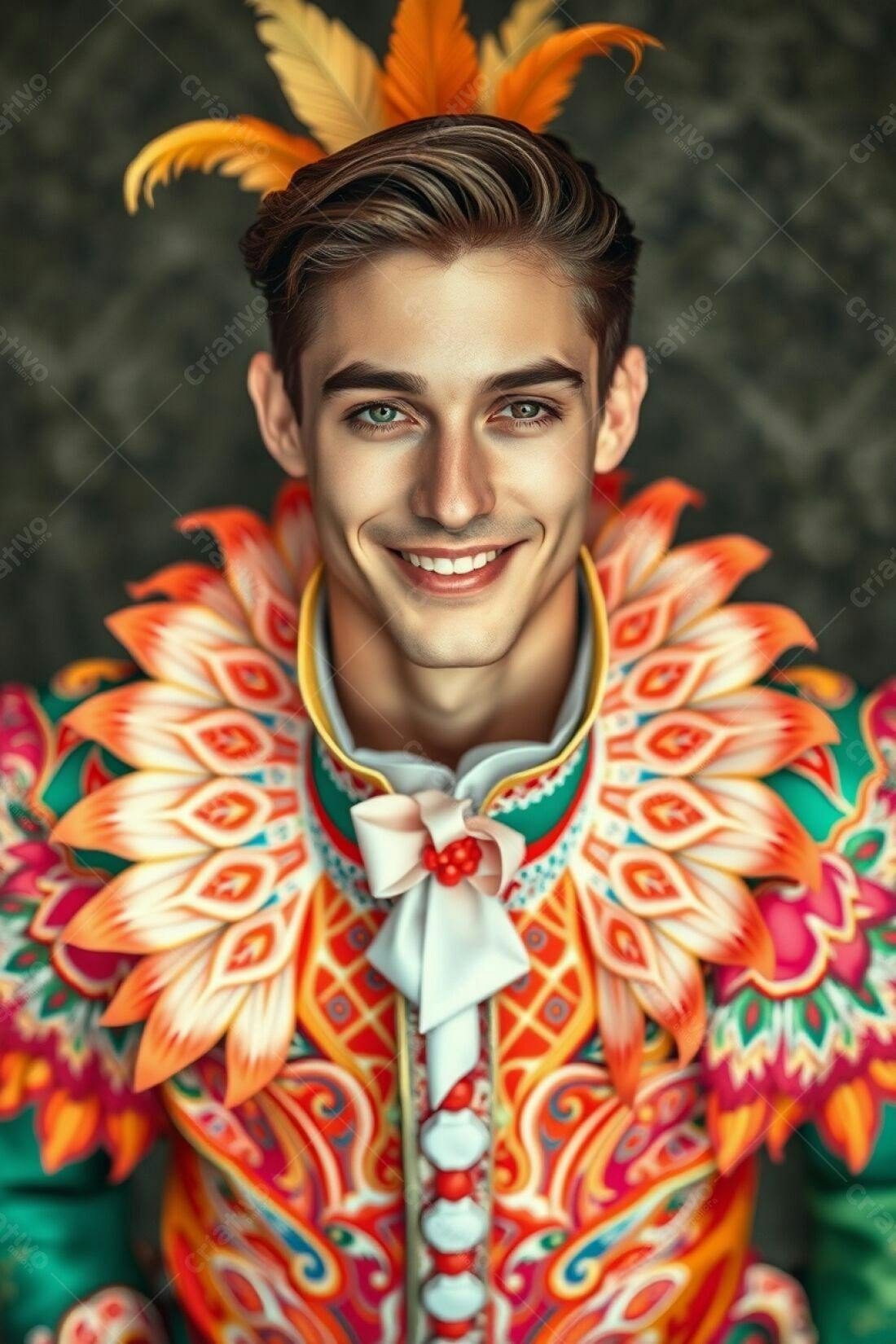 Modelo sorrindo com traje vibrante