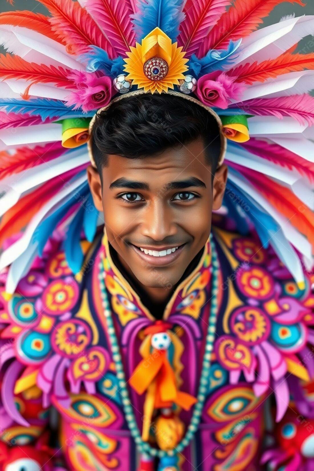 Homem sorridente com traje vibrante de carnaval