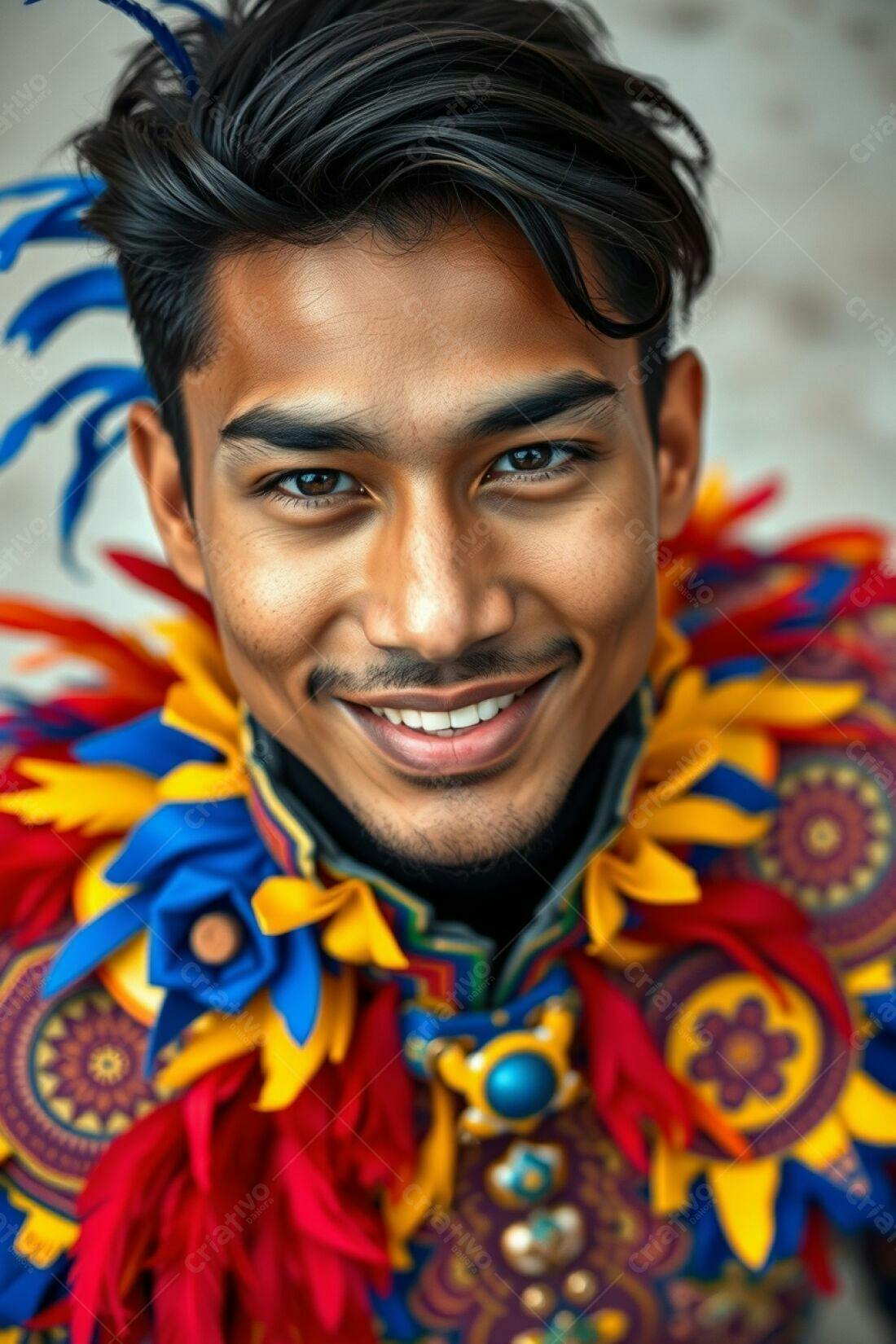 Homem sorrindo com fantasia colorida