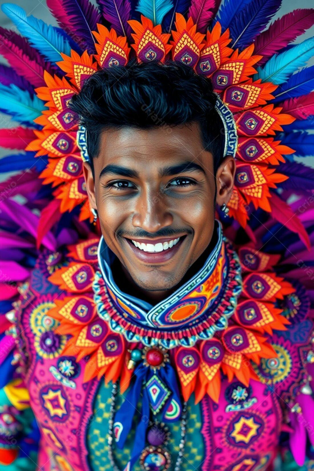 Homem sorridente com traje vibrante de penas