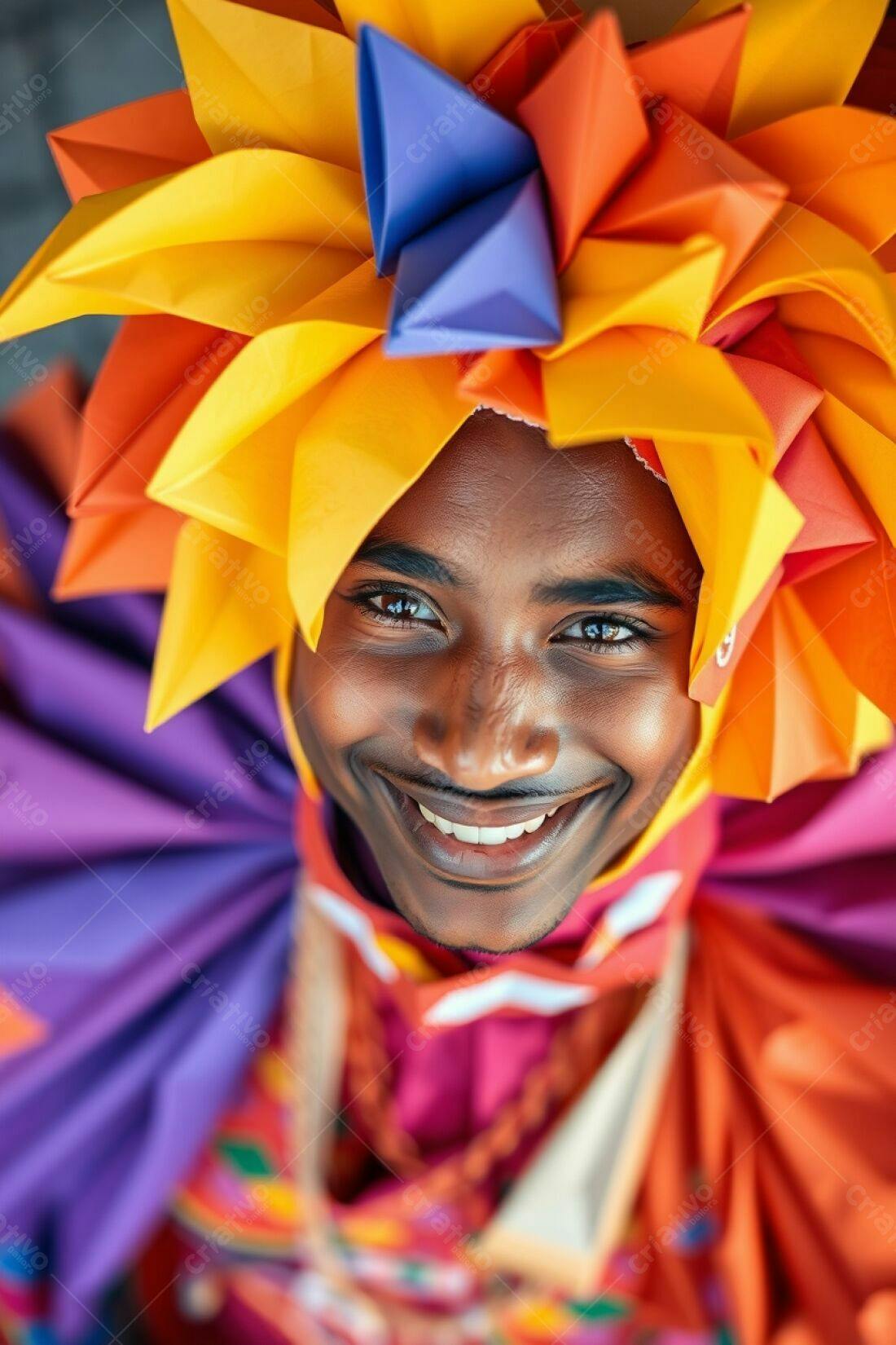 Homem sorrindo com fantasia de papel colorida
