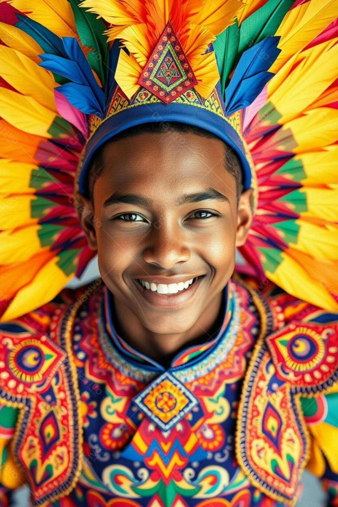 Menino sorridente com traje vibrante de penas