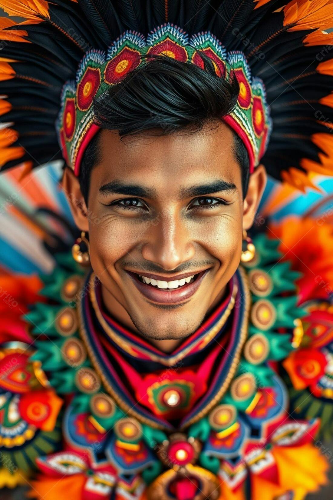 Homem sorrindo com traje indígena colorido