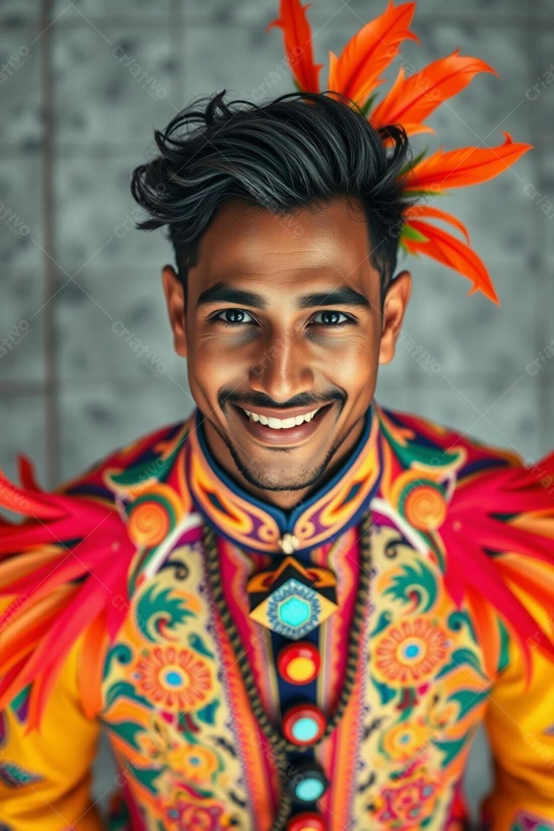 Homem sorridente com traje colorido e penas