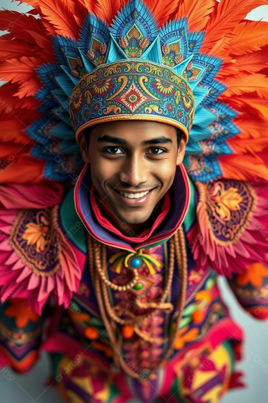 Homem sorridente com traje colorido de penas