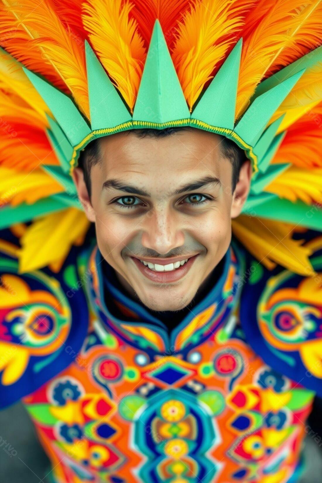 Homem sorridente com traje colorido de penas