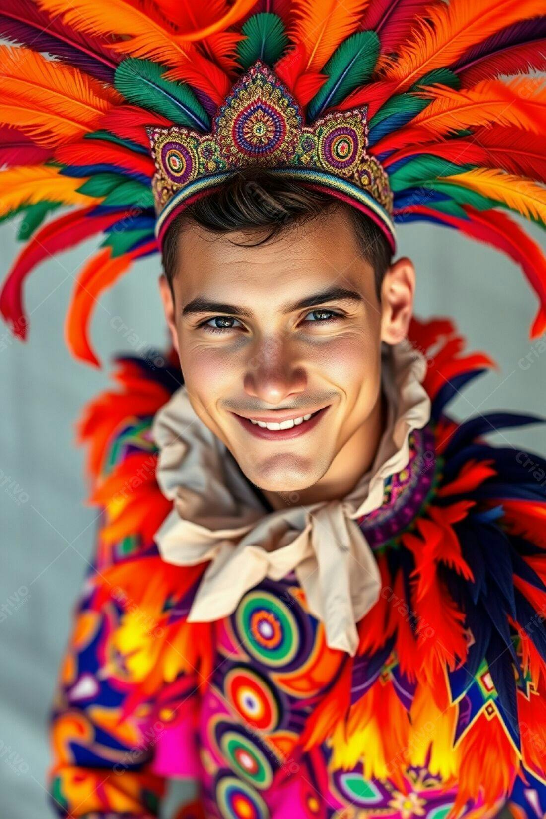Homem sorrindo com fantasia de penas vibrantes