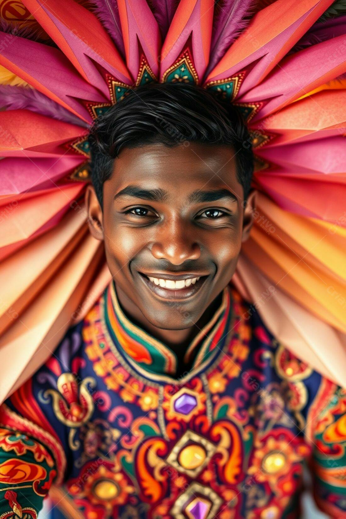 Homem sorridente com adorno de penas coloridas