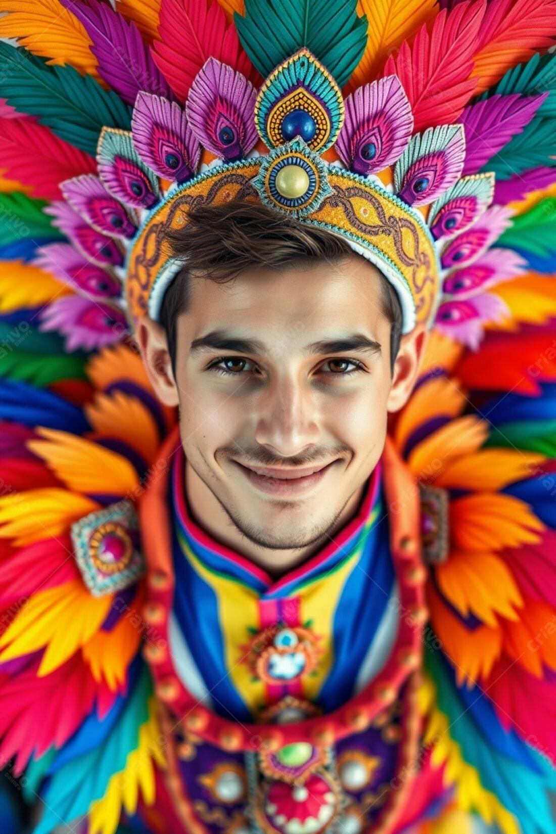 Homem sorrindo com traje colorido de penas