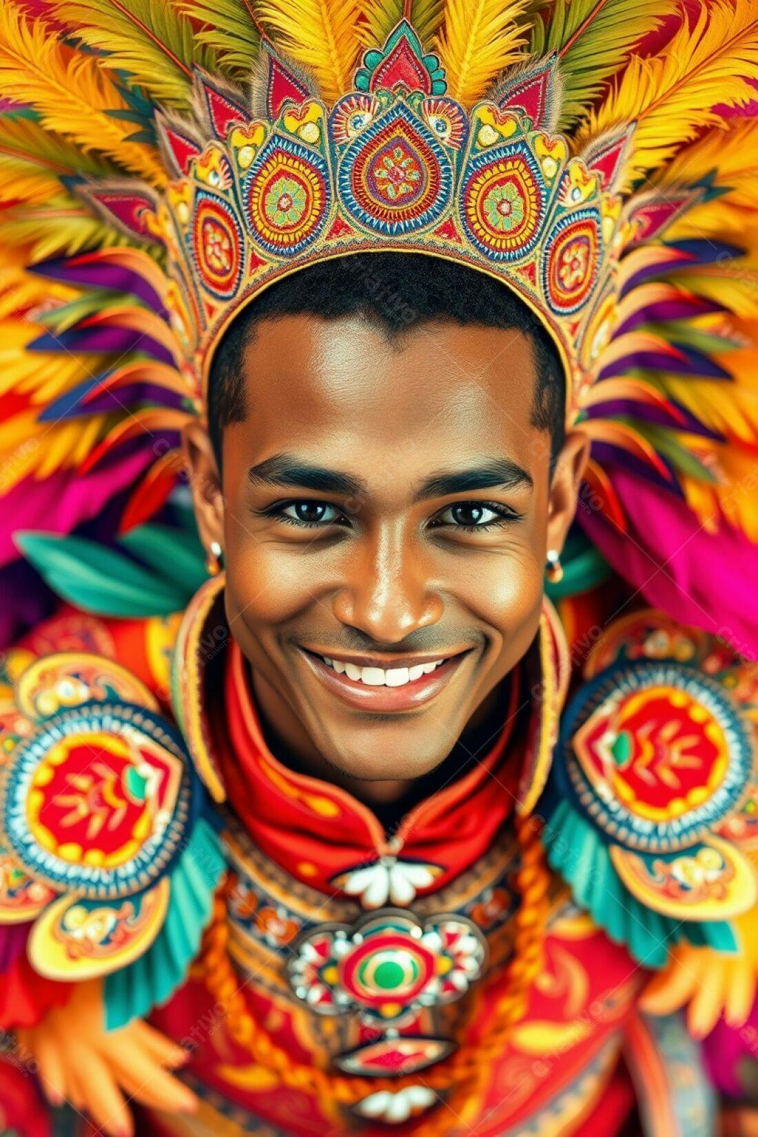 Homem sorrindo com traje colorido de Carnaval