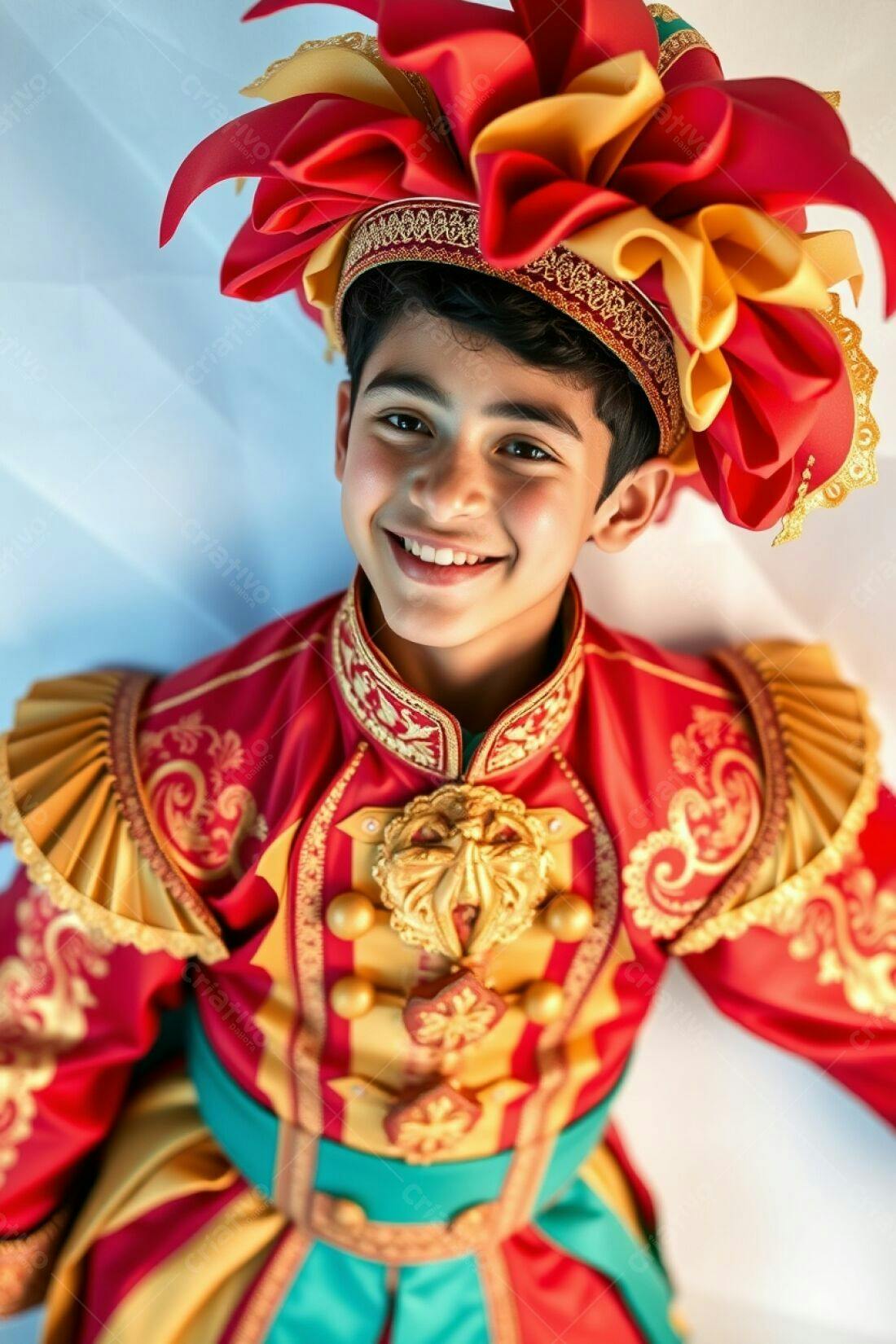 Menino sorrindo com fantasia vermelha e dourada
