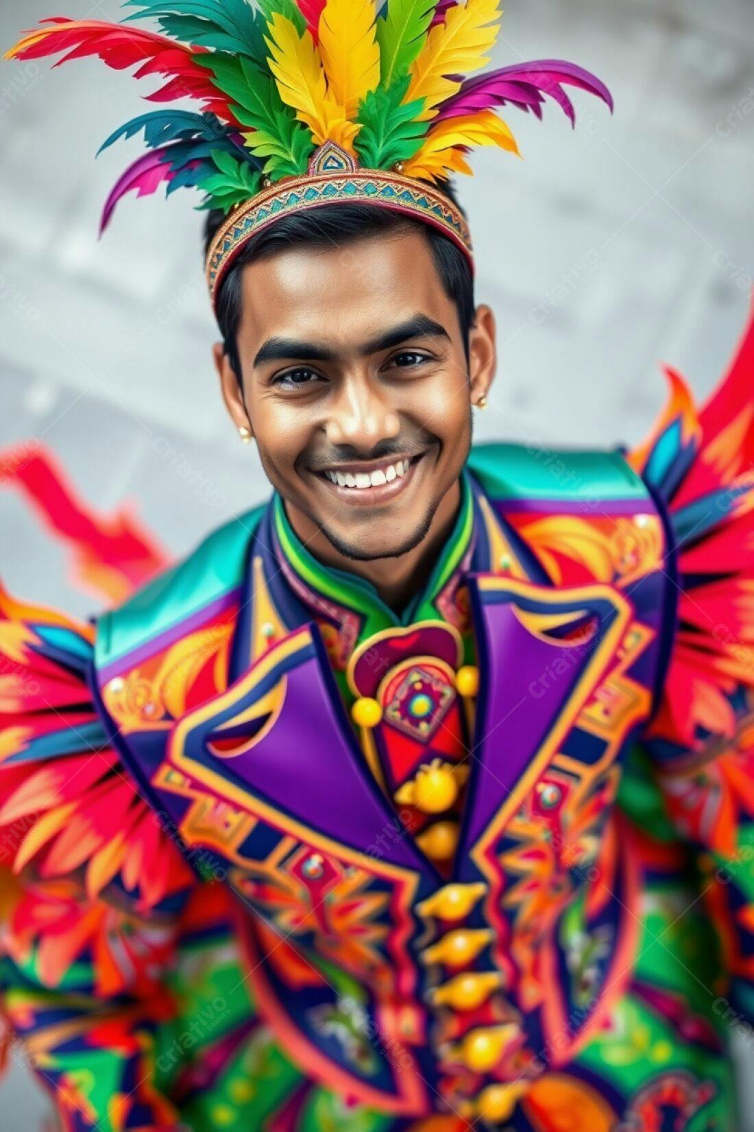 Homem sorrindo com traje vibrante e colorido