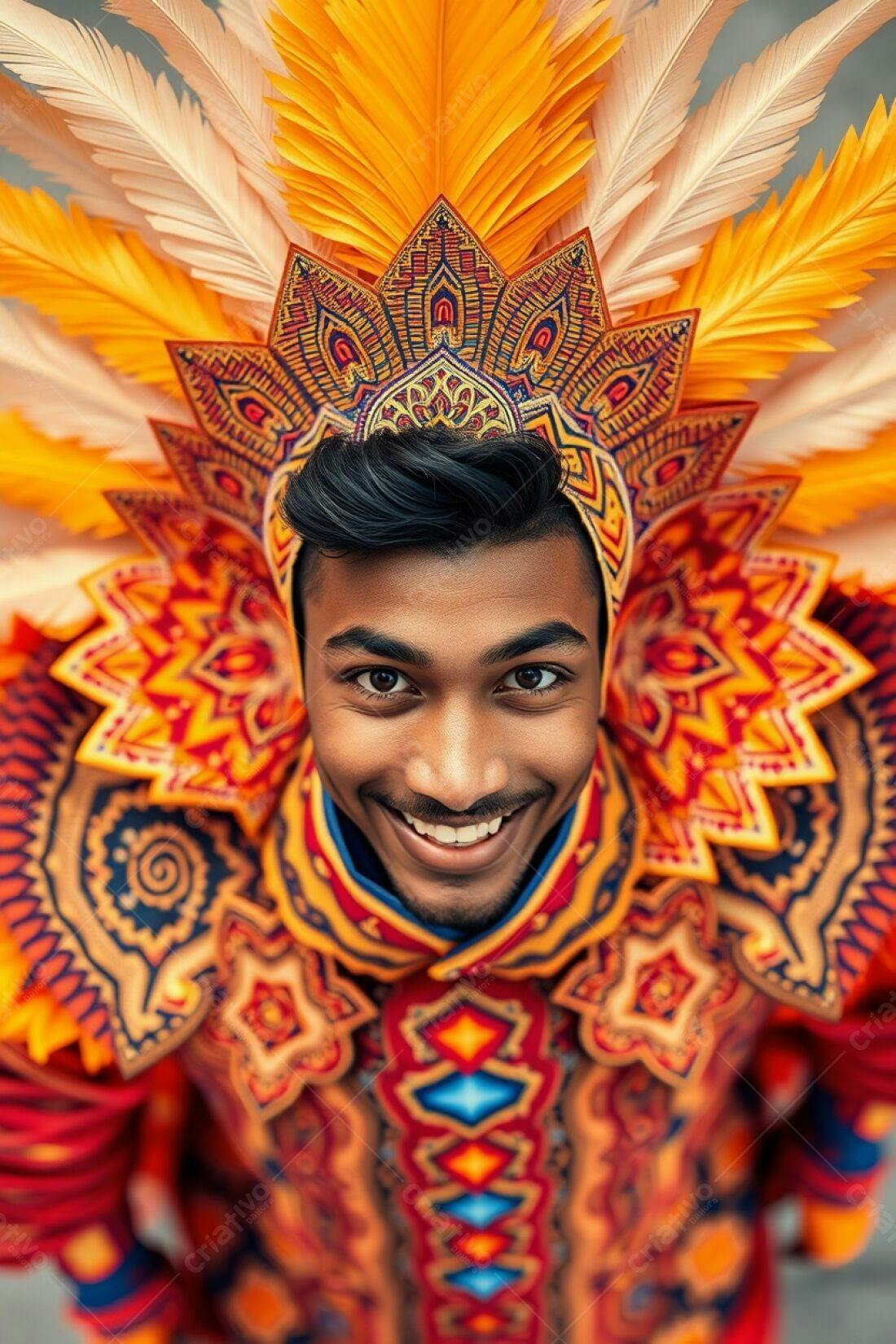 Homem sorridente com fantasia vibrante de penas
