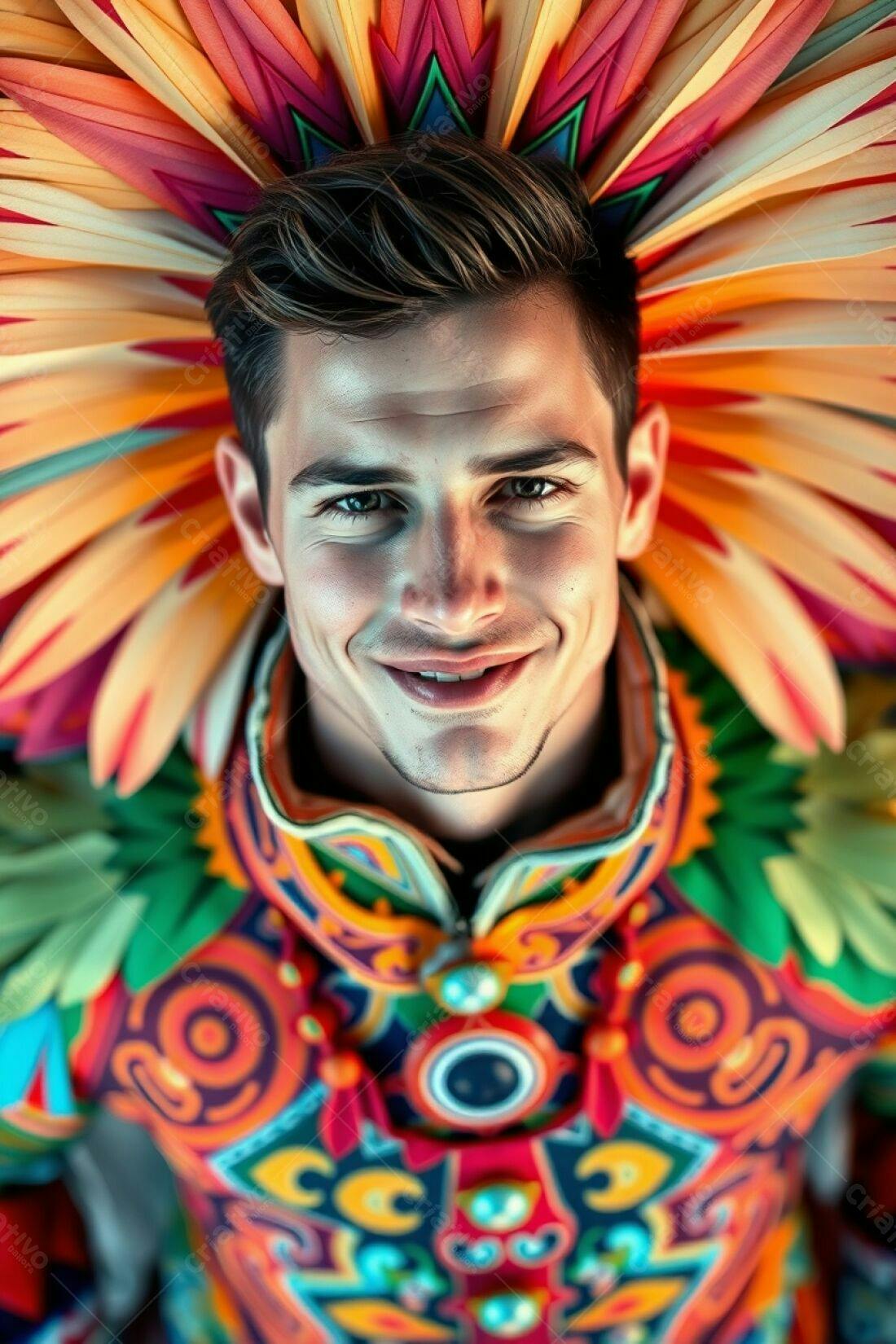 Homem sorrindo com traje colorido e adereço de penas