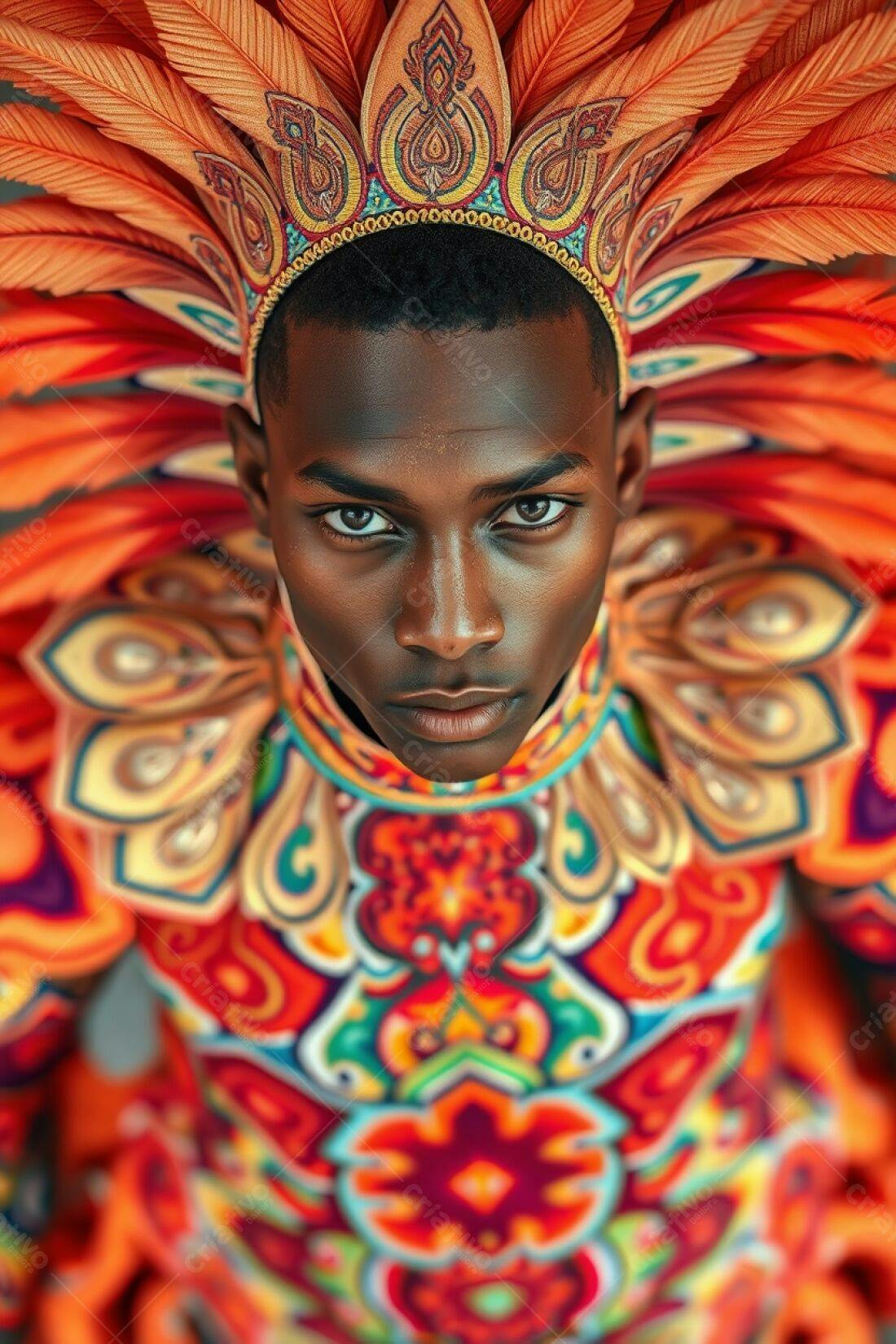 Homem negro com traje vibrante e penas laranja