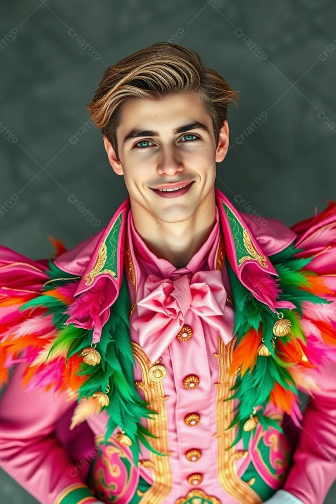 Homem sorridente vestindo traje rosa e penas coloridas
