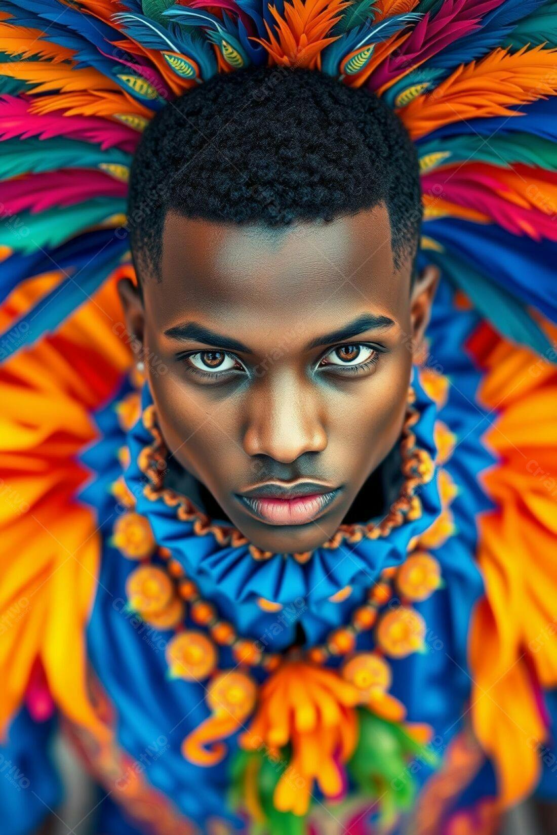 Homem negro com traje vibrante de penas