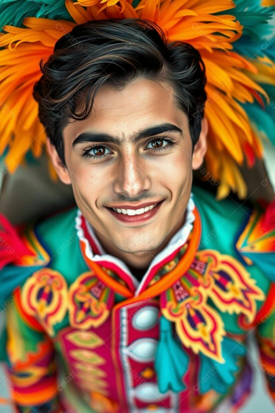 Homem sorridente com traje colorido e flores