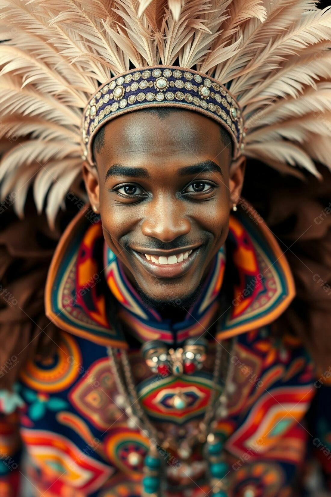 Homem negro sorridente com traje indígena